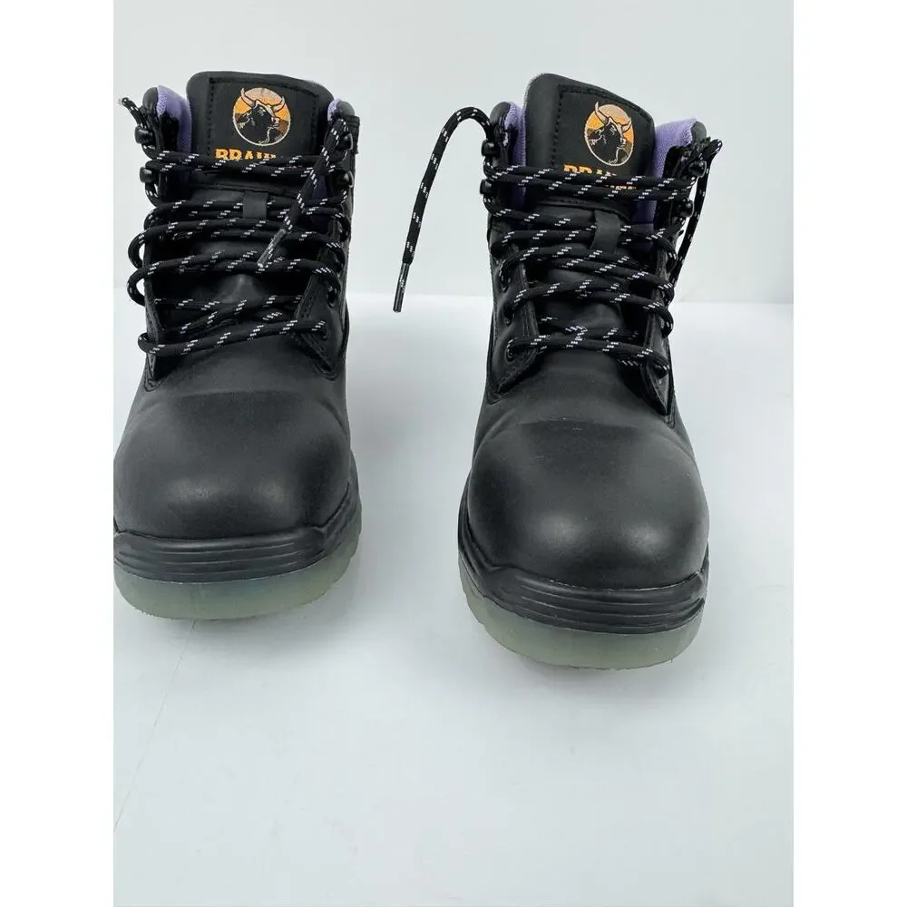 BRAHMA Women's Work Boots Steel Toe Flexible Midsole Leather Black Purple Sz 7.5